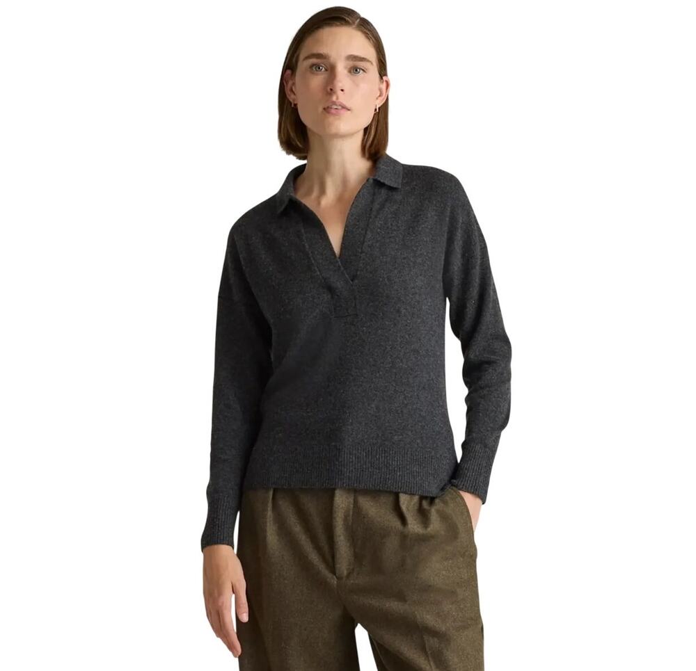 New Quince Women’s M Mongolian Cashmere Polo Sweater Heather Charcoal Preppy